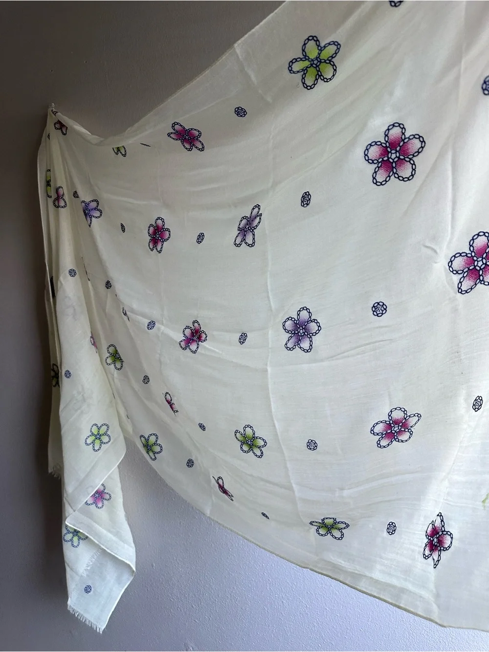 Lightweight Floral Embroidered Scarf - White with Pink & Green Flowers